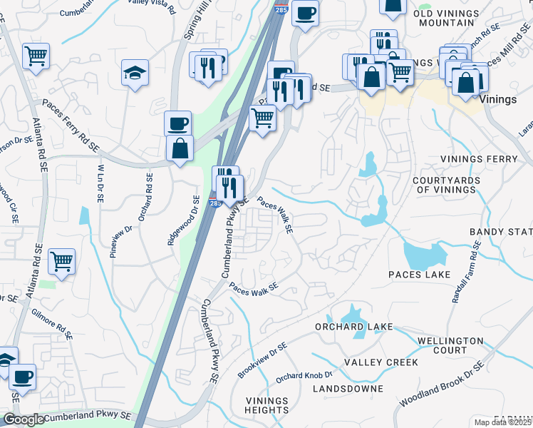 map of restaurants, bars, coffee shops, grocery stores, and more near 3825 Paces Walk Southeast in Atlanta
