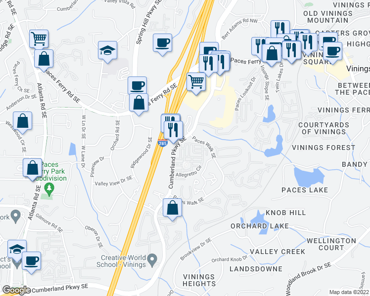 map of restaurants, bars, coffee shops, grocery stores, and more near 2355 Cumberland Parkway Southeast in Atlanta