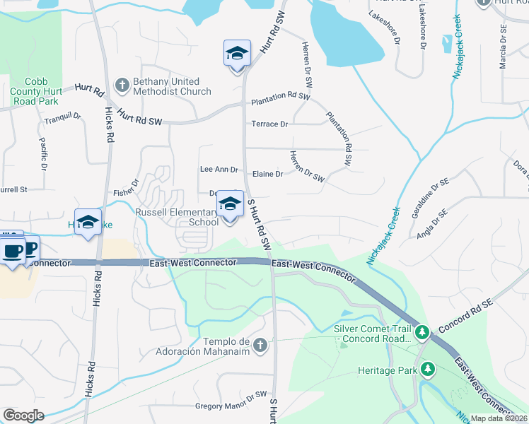 map of restaurants, bars, coffee shops, grocery stores, and more near 204 Plantation Road Southwest in Smyrna
