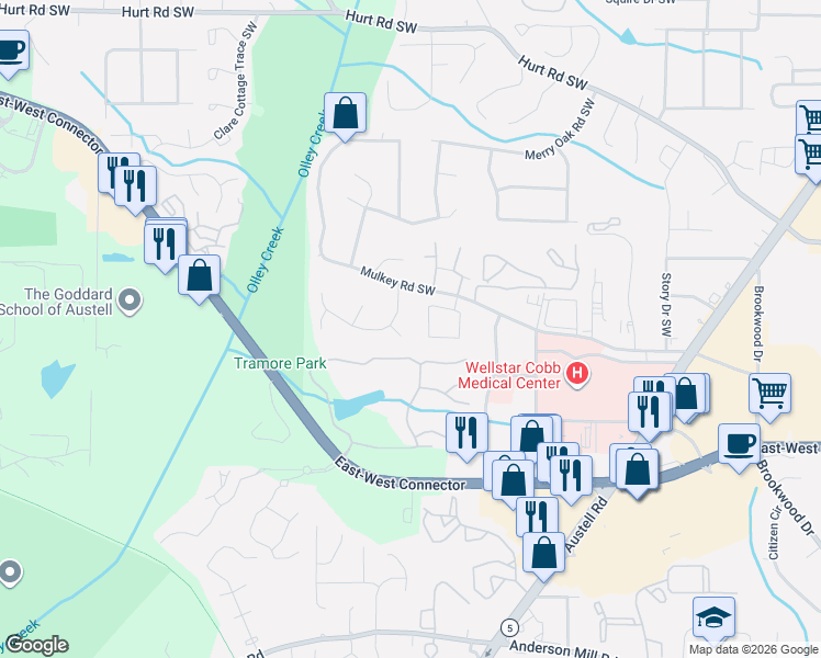 map of restaurants, bars, coffee shops, grocery stores, and more near 1991 Indian Springs Drive Southwest in Marietta