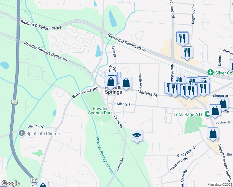 map of restaurants, bars, coffee shops, grocery stores, and more near 4425 Marietta Street in Powder Springs