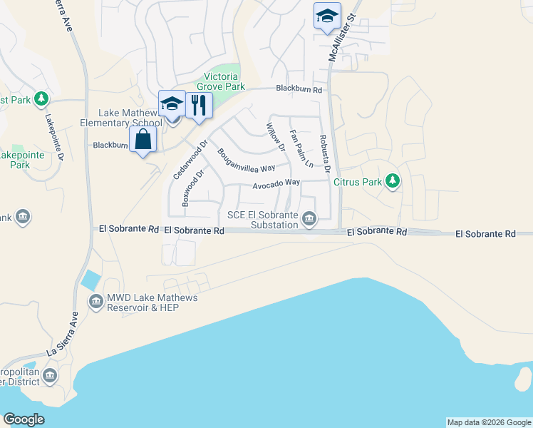 map of restaurants, bars, coffee shops, grocery stores, and more near 12590 Mango Lane in Riverside