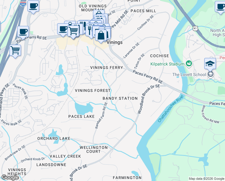 map of restaurants, bars, coffee shops, grocery stores, and more near 3842 Randall Farm Road Southeast in Atlanta