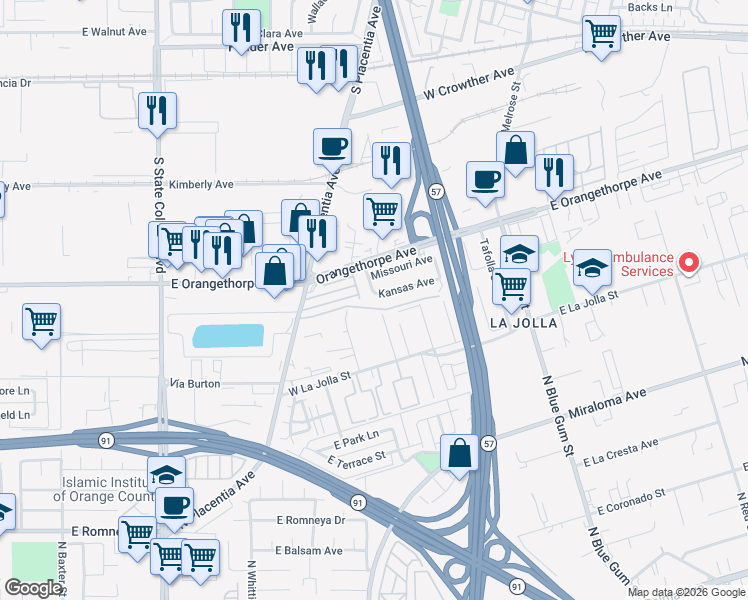 map of restaurants, bars, coffee shops, grocery stores, and more near 650 Kansas Avenue in Placentia