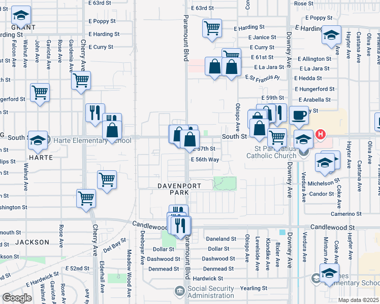 map of restaurants, bars, coffee shops, grocery stores, and more near 2703 East 57th Street in Long Beach