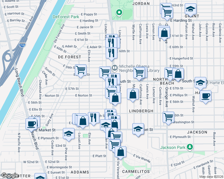 map of restaurants, bars, coffee shops, grocery stores, and more near 5711 Atlantic Avenue in Long Beach
