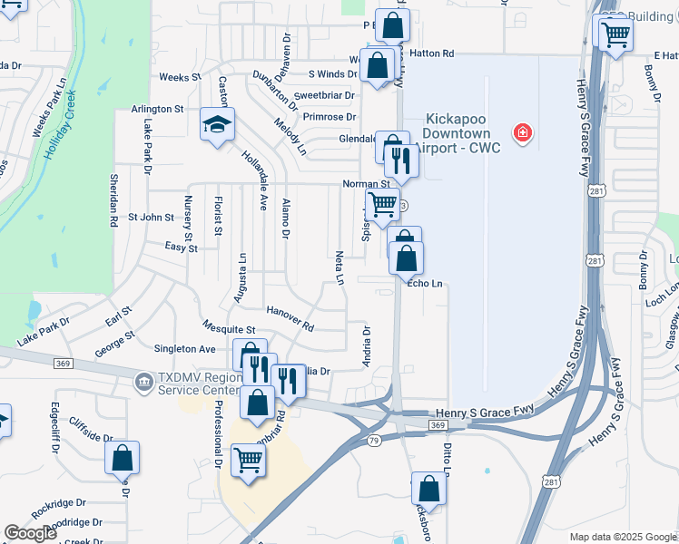 map of restaurants, bars, coffee shops, grocery stores, and more near 4725 Neta Lane in Wichita Falls