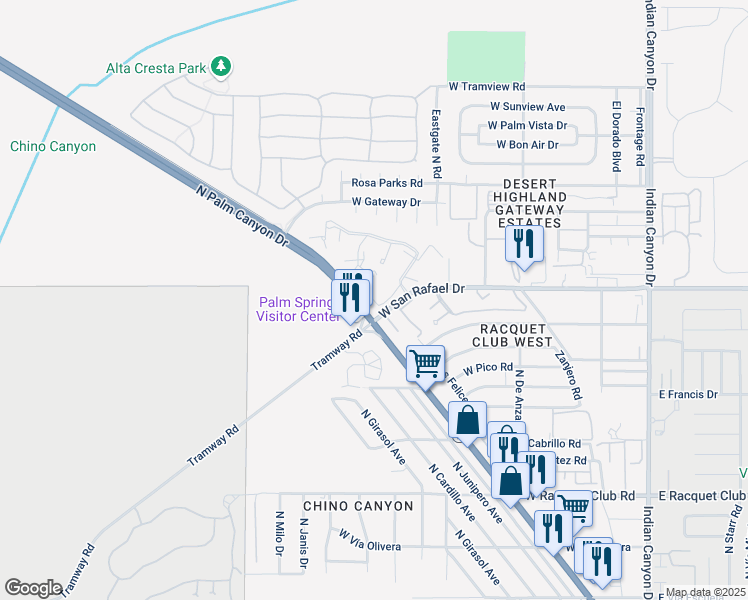 map of restaurants, bars, coffee shops, grocery stores, and more near 2809 Los Felices Circle West in Palm Springs