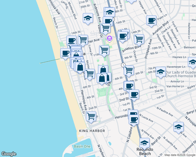 map of restaurants, bars, coffee shops, grocery stores, and more near 702 Loma Drive in Hermosa Beach