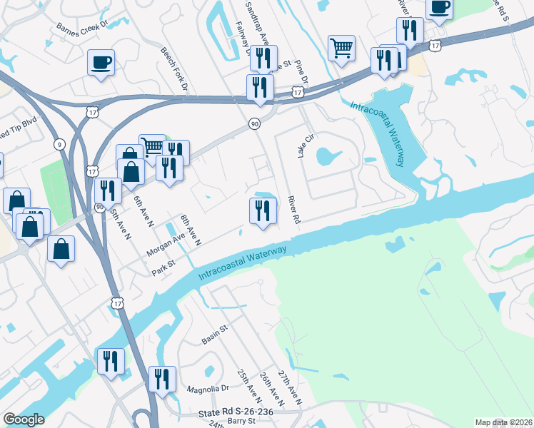 map of restaurants, bars, coffee shops, grocery stores, and more near 4191 Mini Market Road in Little River