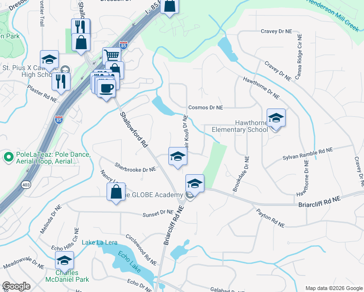 map of restaurants, bars, coffee shops, grocery stores, and more near 2516 Flair Knoll Drive Northeast in Atlanta
