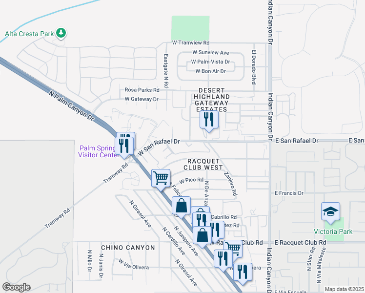 map of restaurants, bars, coffee shops, grocery stores, and more near 510 North Villa Court in Palm Springs