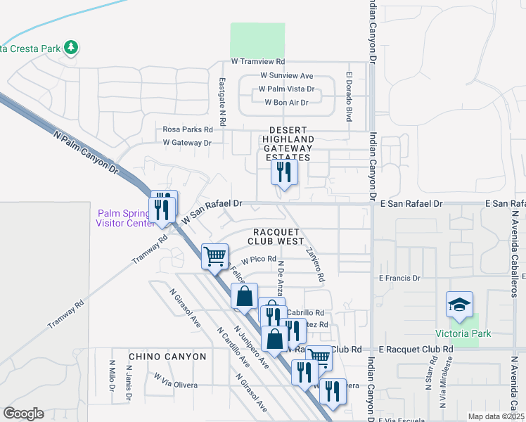 map of restaurants, bars, coffee shops, grocery stores, and more near 470 North Villa Court in Palm Springs