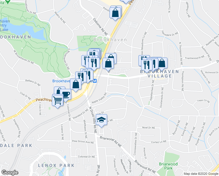 map of restaurants, bars, coffee shops, grocery stores, and more near 1257 Apple Valley Road Northeast in Atlanta