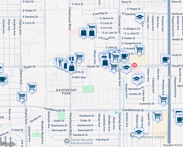 map of restaurants, bars, coffee shops, grocery stores, and more near 5740 Acacia Lane in Lakewood