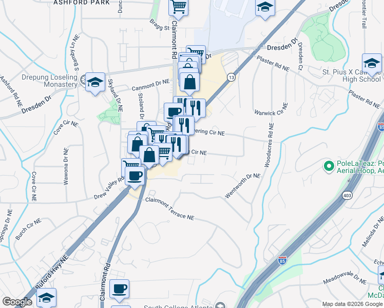 map of restaurants, bars, coffee shops, grocery stores, and more near 1982 Dering Circle Northeast in Atlanta