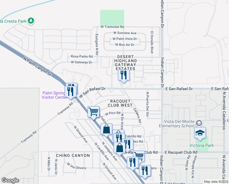 map of restaurants, bars, coffee shops, grocery stores, and more near 9420 North Villa Court in Palm Springs