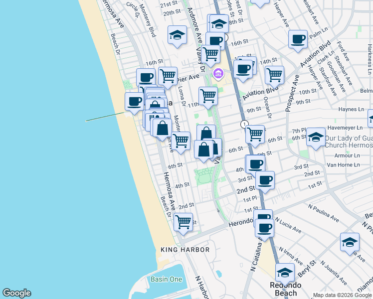 map of restaurants, bars, coffee shops, grocery stores, and more near 720 Monterey Boulevard in Hermosa Beach