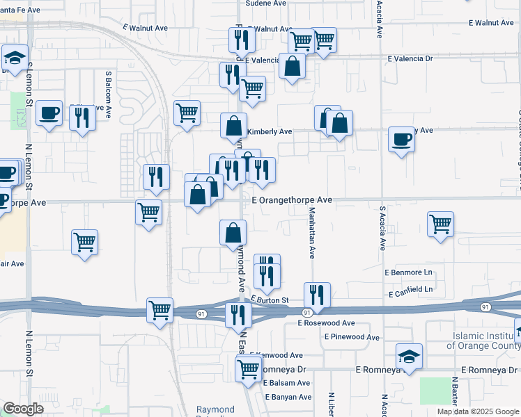 map of restaurants, bars, coffee shops, grocery stores, and more near 1220 East Orangethorpe Avenue in Fullerton