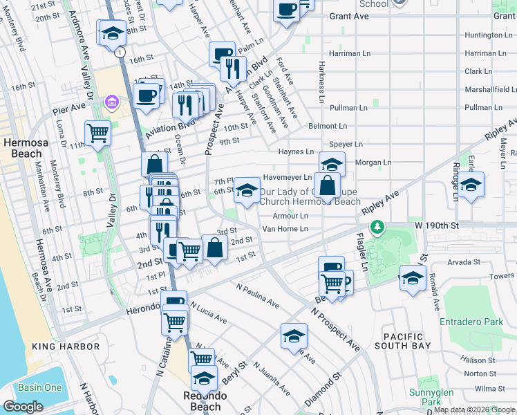 map of restaurants, bars, coffee shops, grocery stores, and more near 1600 Spreckels Lane in Redondo Beach