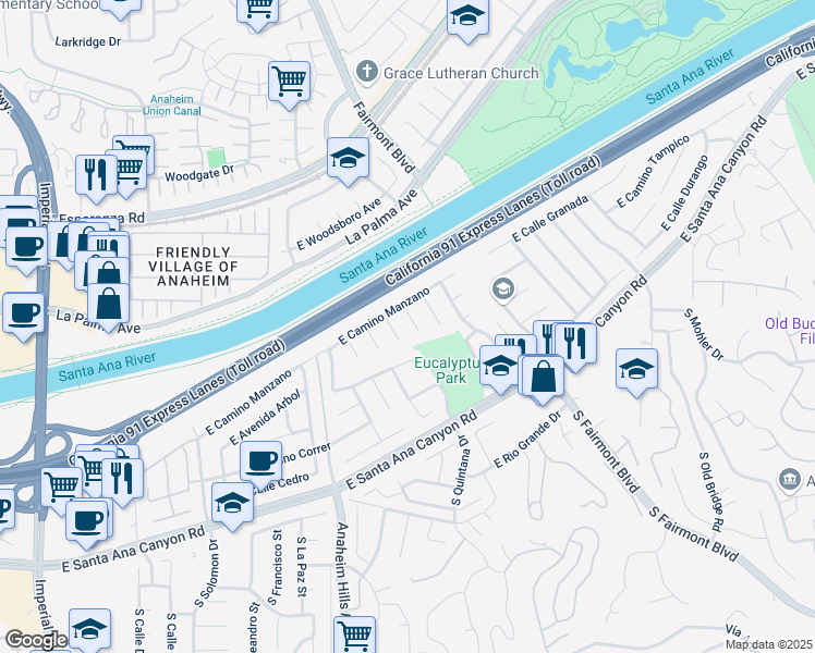 map of restaurants, bars, coffee shops, grocery stores, and more near 262 North Paseo De Juan in Anaheim