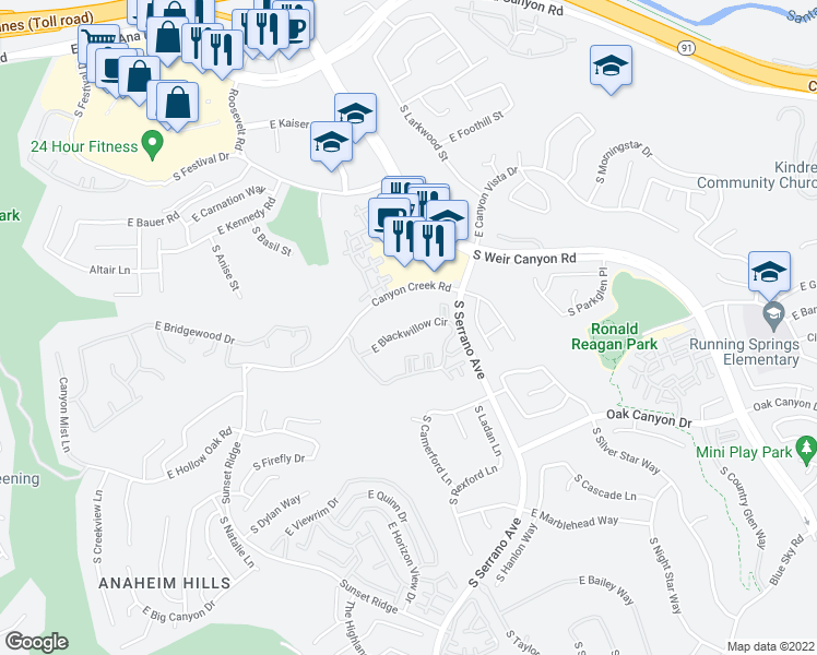 map of restaurants, bars, coffee shops, grocery stores, and more near 8247 East Blackwillow Circle in Anaheim