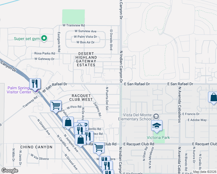 map of restaurants, bars, coffee shops, grocery stores, and more near 188 West San Rafael Drive in Palm Springs