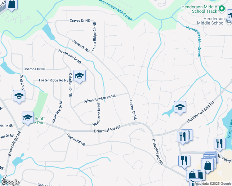 map of restaurants, bars, coffee shops, grocery stores, and more near 2960 Sylvan Ramble Road Northeast in Atlanta