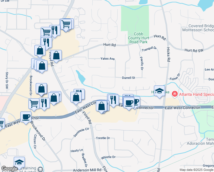 map of restaurants, bars, coffee shops, grocery stores, and more near 1394 Yates Avenue in Austell