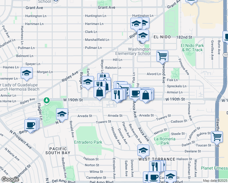 map of restaurants, bars, coffee shops, grocery stores, and more near 2345 West 190th Street in Redondo Beach