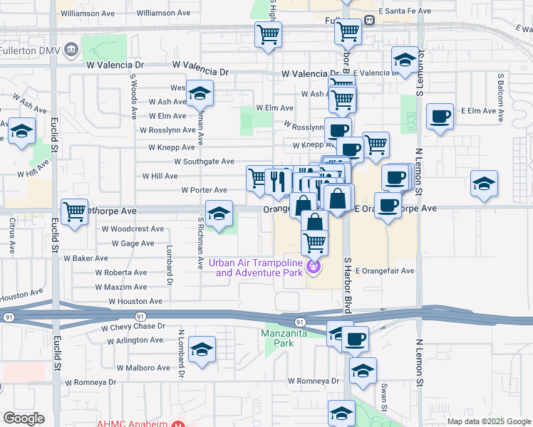 map of restaurants, bars, coffee shops, grocery stores, and more near in Fullerton