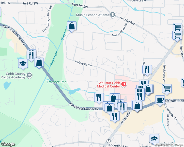 map of restaurants, bars, coffee shops, grocery stores, and more near 1899 Mulkey Road Southwest in Austell