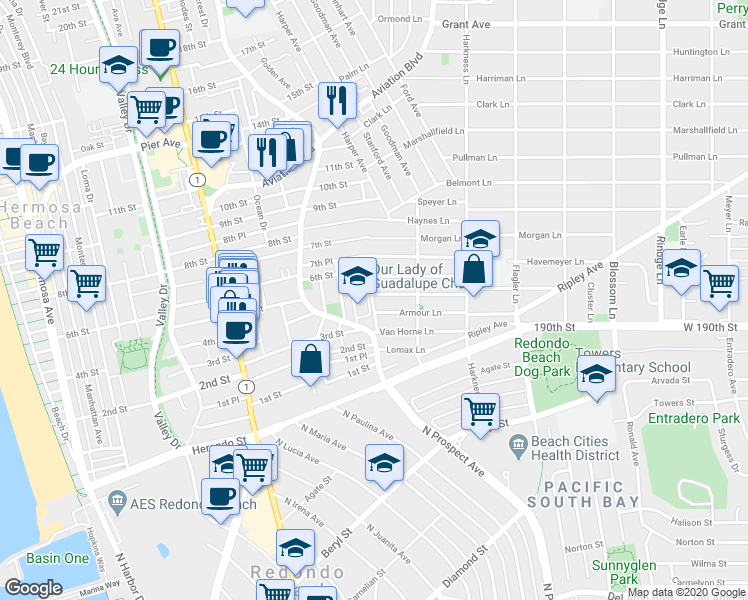 map of restaurants, bars, coffee shops, grocery stores, and more near 1600 Spreckels Lane in Redondo Beach