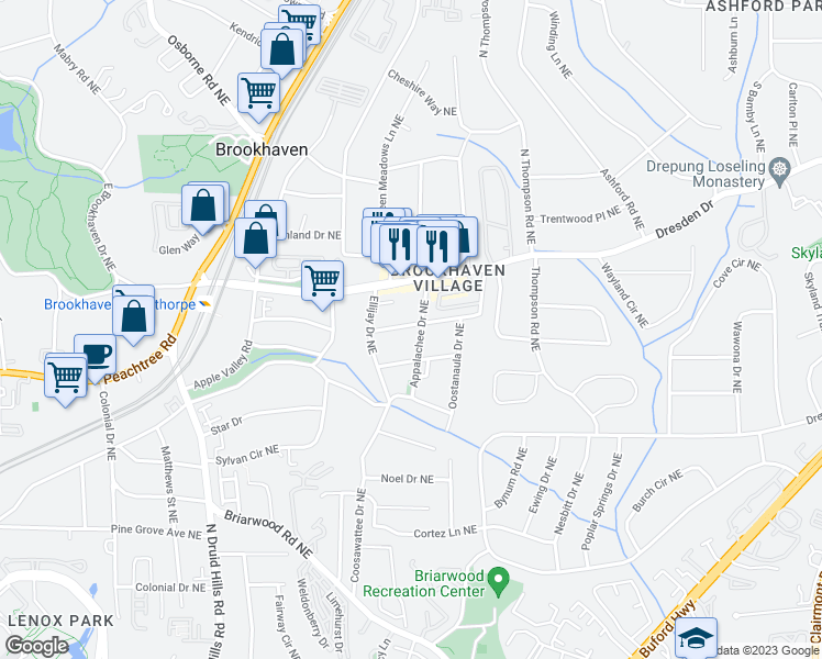 map of restaurants, bars, coffee shops, grocery stores, and more near 2508 Appalachee Drive Northeast in Atlanta