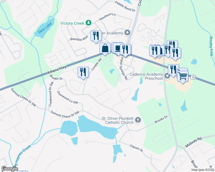map of restaurants, bars, coffee shops, grocery stores, and more near 1210 Summit Point Lane in Snellville