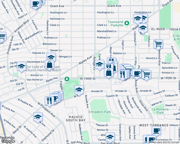 map of restaurants, bars, coffee shops, grocery stores, and more near 2106 Blossom Court in Redondo Beach
