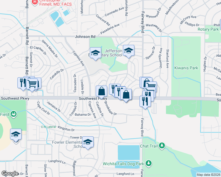 map of restaurants, bars, coffee shops, grocery stores, and more near 4653 Brookdale Drive in Wichita Falls