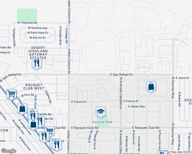 map of restaurants, bars, coffee shops, grocery stores, and more near 3045 Sequoia Drive North in Palm Springs