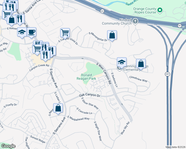 map of restaurants, bars, coffee shops, grocery stores, and more near 945 South Weir Canyon Road in Anaheim