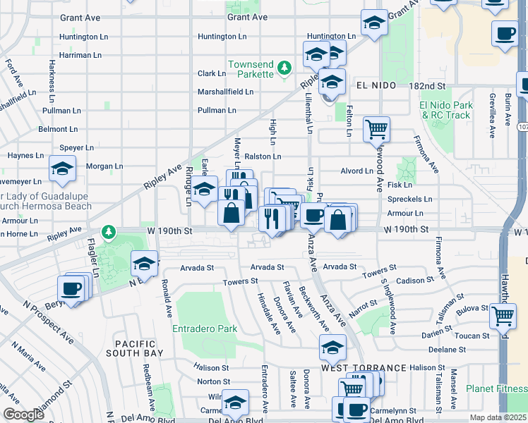 map of restaurants, bars, coffee shops, grocery stores, and more near 2345 190th Street in Redondo Beach