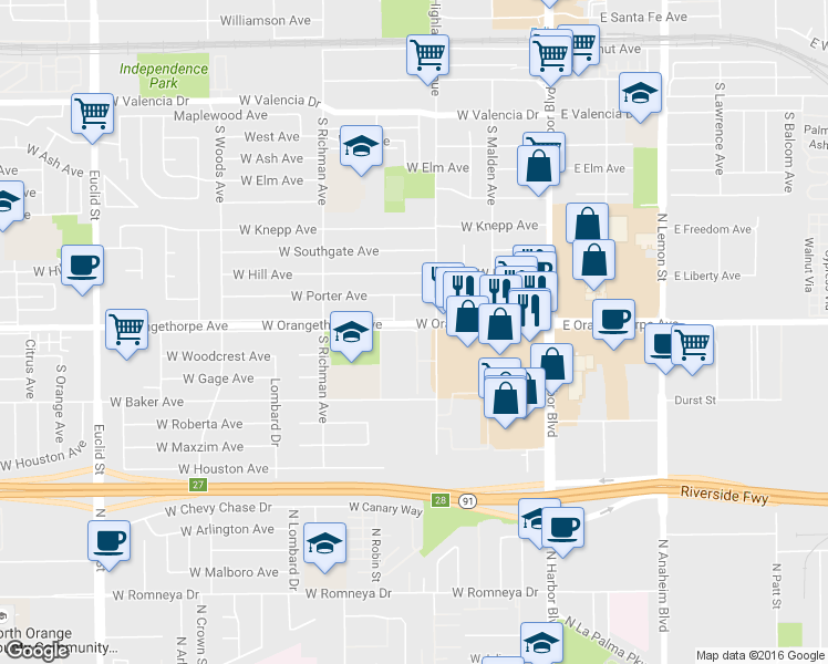 map of restaurants, bars, coffee shops, grocery stores, and more near 333 West Orangethorpe Avenue in Fullerton