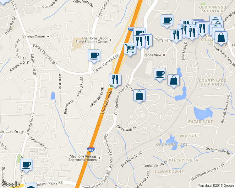 map of restaurants, bars, coffee shops, grocery stores, and more near 2355 Cumberland Parkway Southeast in Atlanta