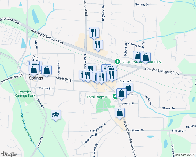 map of restaurants, bars, coffee shops, grocery stores, and more near 4086 Marietta Street in Powder Springs