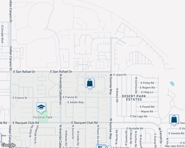 map of restaurants, bars, coffee shops, grocery stores, and more near 1346 Sunflower Circle East in Palm Springs