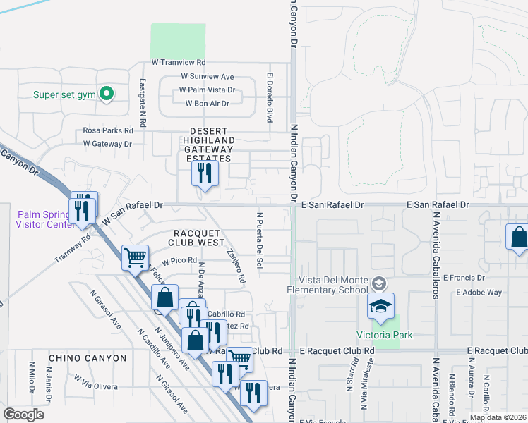 map of restaurants, bars, coffee shops, grocery stores, and more near 188 West San Rafael Drive in Palm Springs
