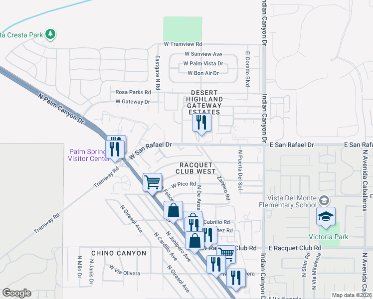 map of restaurants, bars, coffee shops, grocery stores, and more near 9420 North Villa Court in Palm Springs