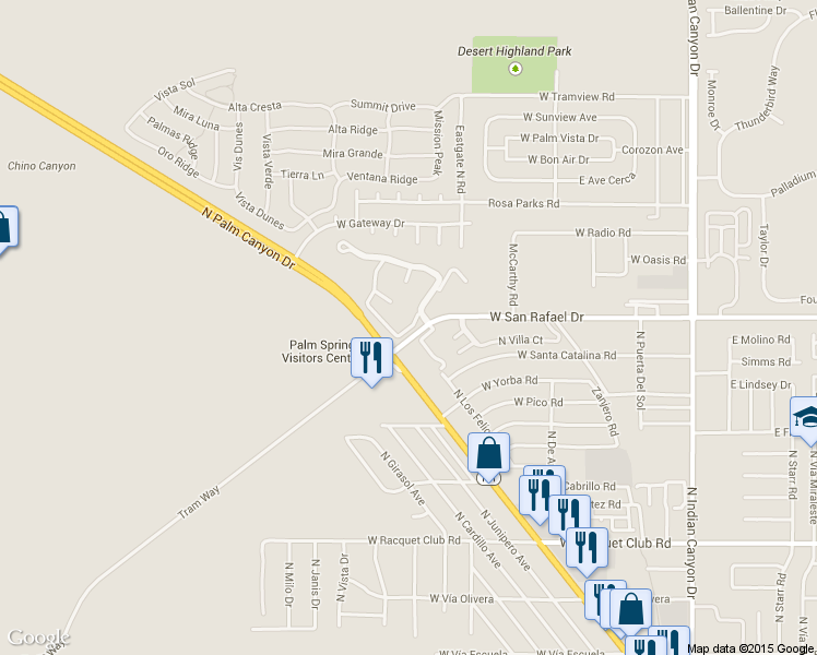 map of restaurants, bars, coffee shops, grocery stores, and more near 600 West San Rafael Drive in Palm Springs