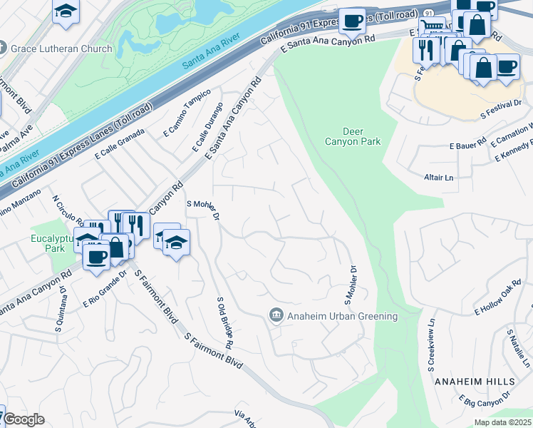map of restaurants, bars, coffee shops, grocery stores, and more near 221 South Willdan Road in Anaheim