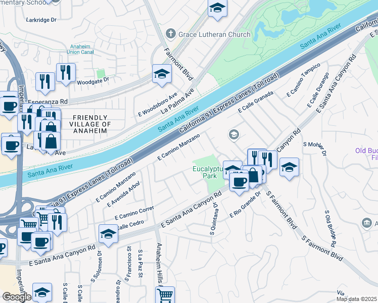 map of restaurants, bars, coffee shops, grocery stores, and more near 262 North Paseo De Juan in Anaheim
