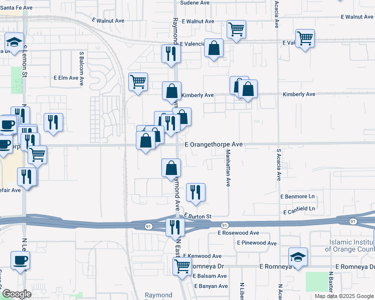 map of restaurants, bars, coffee shops, grocery stores, and more near 1220 East Orangethorpe Avenue in Fullerton